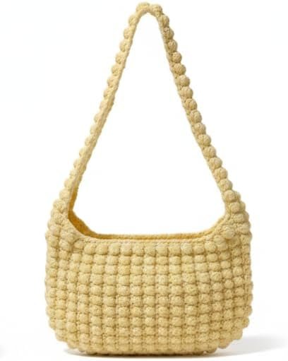 Handmade Bobble Crochet Shoulder Bag with Red Bow Detail – Aesthetic Chunky Knit Tote, Y2K Coquette Style, Soft Woven Hobo Purse for Women & Girls (Cream/Butter)