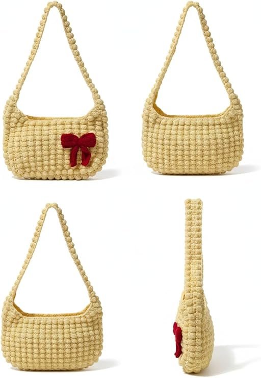 Handmade Bobble Crochet Shoulder Bag with Red Bow Detail – Aesthetic Chunky Knit Tote, Y2K Coquette Style, Soft Woven Hobo Purse for Women & Girls (Cream/Butter)